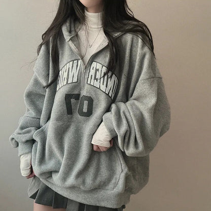 Pull à capuche zippé avec lettre pour femme, doublé en polaire, épaissi