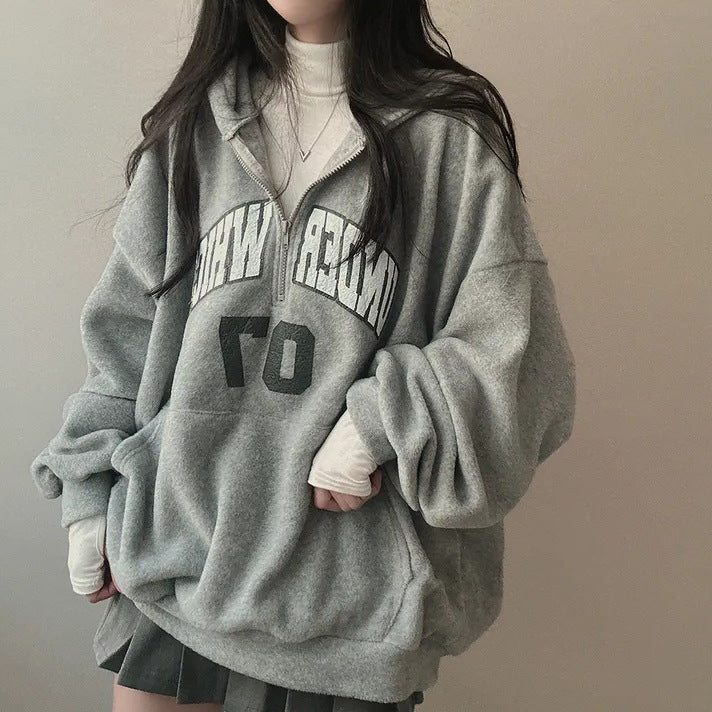 Pull à capuche zippé avec lettre pour femme, doublé en polaire, épaissi