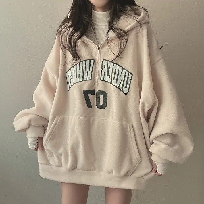 Pull à capuche zippé avec lettre pour femme, doublé en polaire, épaissi