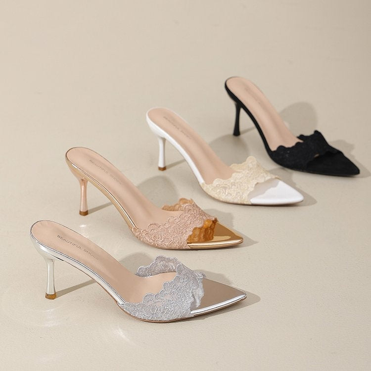 Sandales femme été 2026 nouvelle collection, style français en dentelle, bout pointu, style doux et élégant, talon aiguille, pour usage extérieur.